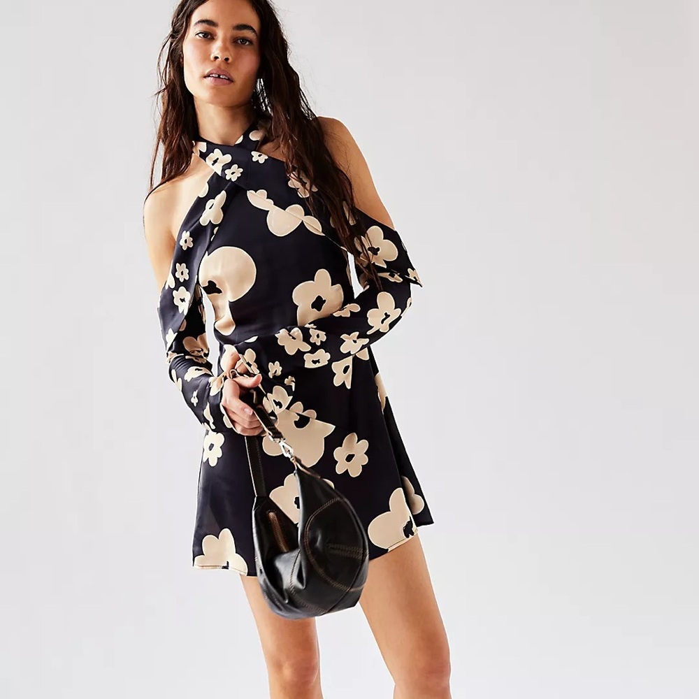 Floral Long Sleeve Dress in Navy and Cream Off the Shoulder
